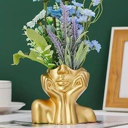 VRB Dec 1 Pcs Vase for Home Decor, Living Room, Office, Bedroom,Centre Table,Ceramic Look Unbreakable Showpiece Flower Pot for Decorations (Only vase, No Flower) Size - 15 cm (Face Design 1 - Gold)-image-40