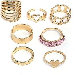 karatcart Stylish Gold Plated 7 Rings Set with Pink Crystal Accents, Textured Bands, and Unique Heart and Spiral Motif Designs for Women and Girls-picture-6