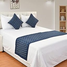 Shri Anand Creations 300TC Quilted Bed Runner and Cushion Cover Combo for Hotel, Guest House, Bedroom- Dark Blue-9