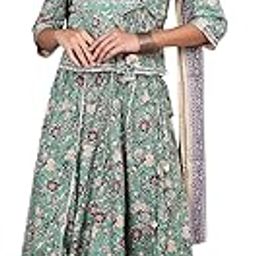 Women's Green Floral Printed Lace Pure Cotton Straight Top, Skirt and Stole Set-image-3