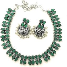 Latest 2 Line Water Drop Designer Oxidized German Silver Necklace with Pearl Jhumkas For Women & Girls-image-41