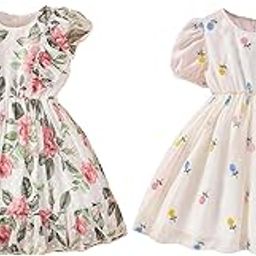 Girls Swiss Dot Floral Print Dress Sleeve Less Round Neck Elastic Waist Dress for Girls(KD-399)-image-14