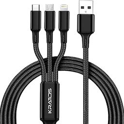Kratos Unbreakable 1.2 Mtr Nylon Braided 3 in 1 Charging Cable with Type C, Lightning, Micro USB Port, Charging Cable compatible for iPhone,Samsung,OnePlus,Mi,Oppo,Vivo & Other Smartphones & Tablets-32