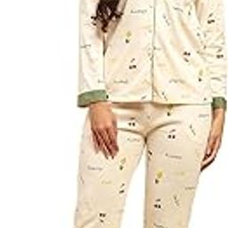 Letter Print Cotton Blend Relaxed Fit Collar Neck Full Sleeves Night Suit for Women (J03)-picture-42