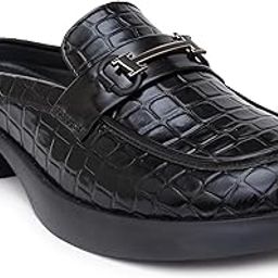 Women's Croc-Textured Mules with Metal Buckle | Slip-On Backless Loafers with Block Heel for Chic Party & Office Wear-image-4