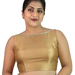 Women's Dupion Raw Silk Sleeveless Boat Neck Zari Lace Mirror Work Neck Design Readymade Saree Blouse Padded Stitched Lining Designer Indian Festive Blouse Lavender Wine Gold | S20-picture-16