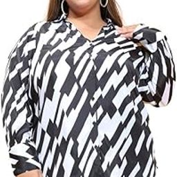 Women Plus Size Black Printed Long Sleeve Button Down Shirt-34
