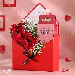 FlowerAura Love Bouquet of 12 Red Roses & Almonds Rocks In Envelope Box For Birthday & Anniversary Gift, Valentine's Day Gift For Boyfriend, Girlfriend, Wife, Husband, Men & Women (Same Day Delivery)-image-18