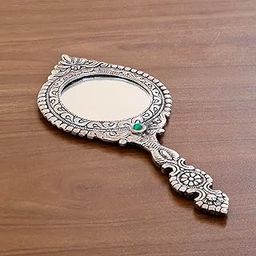 KridayKraft Beautifully Carved Round Shape Silver Plating Hand Mirror for Makeup, Travelling, Salon Mirror & Decorative Mirror Antique Item for Wedding Gifts.-39