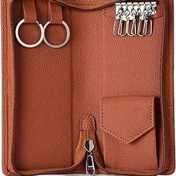 Essart PU Leather Key Case Pouch Wallet Keychain Holder for Men & Women - Bank Locker Key Pouch With 6 Hooks and Zipper Closure, Brown-89
