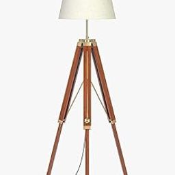 Buy from Zaidi Enterprises Wooden Tripod Floor Lamp Standing Brown Polished Brass Antique Adjustable Height 60 Inches Off White Lampshade Floor Lamp with Adjustable Tripod Stand, for Home, Room-10