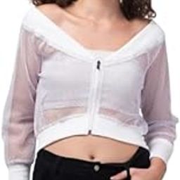 Women’s Mesh Crop Off-Shoulder Sheer Jacket with Long Sleeve Zip-Up Sexy Trendy Clubwear Crop Top Stylish for Women–Summer Outerwear-11