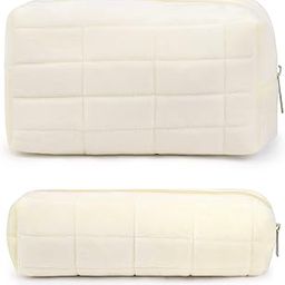 2 Pieces Makeup Bag Checkered Cosmetic Bag Makeup Pouch Travel Toiletry Bag Organizer Cute Makeup Brushes Storage Bag for Women, Soft White, Soft White-image-34