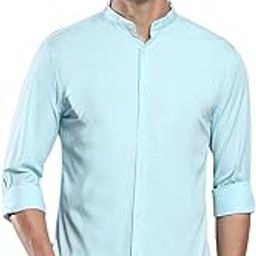 Men's Solid Chinese Collar Turquoise Blue Casual Shirt-image-1
