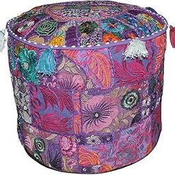 Sophia-Art Indian Embroidered Patchwork Cover Indian Decorative Pouf Indian Comfortable Floor Cotton Cushion Ottoman Pouf,Indian Designs Ethnic Patchwork Pouf (Purple, 14"x22")-image-5