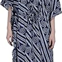 Women's Beach Cover Long Kaftan Dress, Navy Blue with White Spiral Print, V-Neck, Batwing Sleeves-35