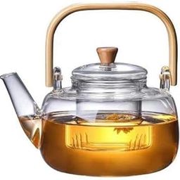 Vibein Borosilicate Glass Tea Brewing Pot/Coffee Pot/Green Tea Pot/Gas Stove,Flame Proof, Fine Mesh Glass Infuser, Heat Resistance with Bamboo Handle and Bamboo Knob, 1000ml/1L-2