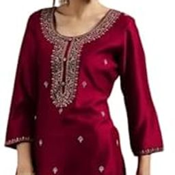 Women's Embroidered Silk Kurta – Silk Blend Fabric, 3/4 Sleeves, Beautiful Ethnic Style Color Wine-image-15