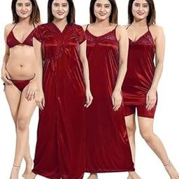 Women's Satin Nightwear Set, Wrap Gown, Nighty, Top, Shorts, Bra & Panty, 6 Pcs-image-50