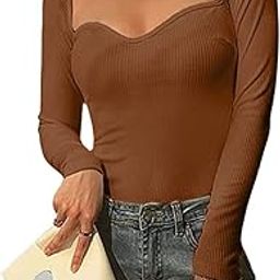 Solid Sweetheart Neck Long Sleeves Regular Fit Casual Ribbed Tops for Women-image-40
