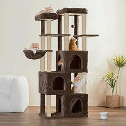 FURRLOVERS Multilevel Fur Fabric Cat Tree - Multiple Condos | Hanging Ball | Cat House | Jute Rope Scratching Posts | for Adult Cats & Kittens (28 x 19 x 66 Inches) (Brown - FURR-89)-14