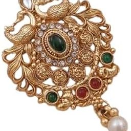 Matte Gold Saree Pin for Women & Girls Brooch with Central Green Stone, White Crystals & Red-Green Accents Traditional Ethnic Design Lightweight & Elegant-13