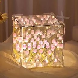 DIY(Do It Yourself) Tulip Lamp Mirror Cube 30 Flowers LED Decorative Lamp Handmade 2 in 1 Table Ornaments & Mirror DIY Infinite Tulip Light Lamp for Bedroom Living Room Decor Gift - Multicolor-image-5