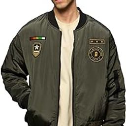 Bomber Jacket: Souled Army Men and Boys Long Sleeves Band Collar Zipper Front Olive Embroidered Polyester Oversized Puffer Jackets-image-1