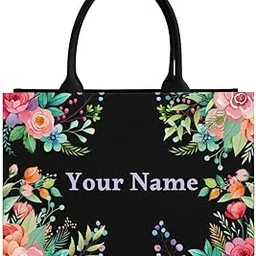 rerden Personalized Floral Canvas Tote Bag, Black Background with Watercolor Flowers, Double Handle, Customizable Name-picture-0