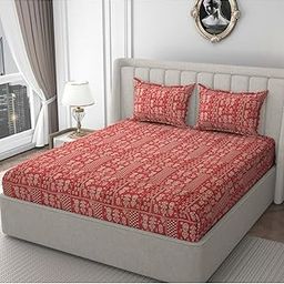 BLACK SPADE Heavy Glace Cotton Elastic Fitted King Size Bedsheet Set (72 * 78 * 8 inches) (Starry Cherry)-image-95