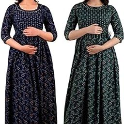 Women's Cotton Printed Maternity Gown Feeding Nighty A-line Maternity Dress Kurti Gown for Women (Po2-Gown-005)-image-39