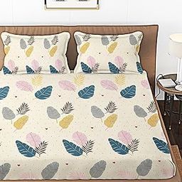 210 TC Cotton Double Bedsheet with 2 King Size Pillow Covers Soft Wrinkle Free Brethable Easy Care (90X90 Inches, 7 x 7.5 Feet Cream-21