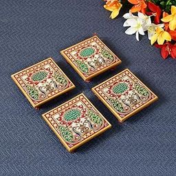 Handicrafts Paradise (4 x 4 inch, Set of 4Pc) Marble Chowki Peacock Design Painted (Multicolour) Idols Statues Pratima, Bajot for God, Home Mandir, Home Décor Showpiece for Bulk Return Gifts-16
