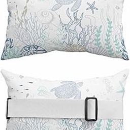 Aqua White Turtle 2 Packs Outdoor Chaise Lounge Throw Pillow Covers Waterproof with Elastic Band,Beach Pool Pillowcase Cushion Sham With Hidden Zipper 12x20 Summer Coastal Coral Seaweed Jellyfish-image-20
