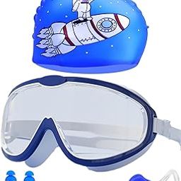 Swimming Goggles for Kids (Earplugs in One Piece), Kids Swim Goggles and Swim Hat Child Astronaut Cute Swimming Kit Cartoon Blue Silicone Waterproof Hat Anti Fog Swim Glasses for Child Boys Age 3-12-image-17