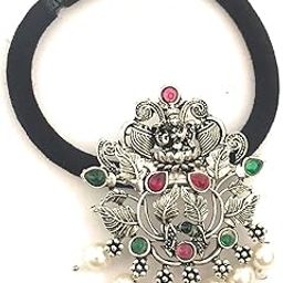 hair bands for women and girls black colour hair rubber bands with oxidised silver color decoration (pack of 1) hair ties latest stones ponytail holders center clips for children-picture-3