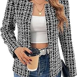 2025 Women's Tweed Blazer Lightweight Plaid Open-Front Stand-Collar Fully-Lined Casual Fashion Elegant Jacket-6