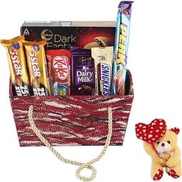SFU E Com Premium Handle Basket With Chocolates | Valentine Heart Teddy Bear With Chocolate Combo | Valentine Chocolate Hamper | 784-0