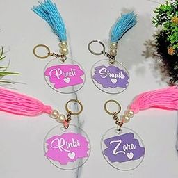 Personalised Acrylic Keychain with Tassel and Pearl Beads, Pink and Purple Colours-10