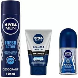 Nivea Men Fresh Active Deo 150Ml, All In ONe CHarcoal Face Wash 100Ml, Cool KIck Roll ON 50Ml 14 (3 Items in the set)-20