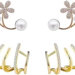 Nextcart White Pearl Flower | Curve Ear Cuff Design | Gold Plated Stud Korean Earrings For Women And Girls | 2 Pairs Combo Pack-picture-0