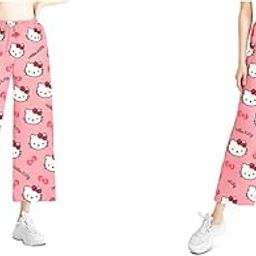 Pyjama Pants for Women Cartoon Kawaii Kitty Print Ultra Soft Cotton Lounge Comfy Casual Pajama Bottoms with Elastic Waistband Sleepwear M Pink 2PCS-image-61