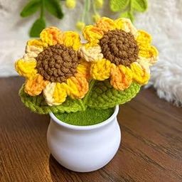 VRB DecTM 1 Pcs Crochet Flowers Artificial Twin Sunflower for Office Desk Car Dashboard Decor,Home Decoration,Festival,Office, Bedroom, Christmas Decor. (Twin Yellow Sunflower with Pot)-image-52