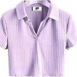 SXV Lavender Ribbed Polo Collar Crop t-Shirt-image-4