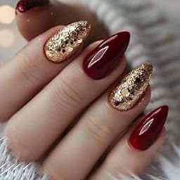 Set Of 14Pc, Press-On, Short Almond Glossy Maroon and Gold Glitter Design, Nail Extensions With Free Glue-image-34