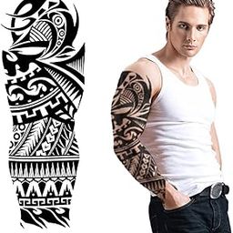 Full Arm Tattoo, Full Sleeve Arm Tattoo For Men, Black Totem Tribal Cool Tattoo For Girls Women, Temporary Tattoo Sticker, Size 48x17CM-22