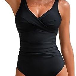 Women One Piece Swimsuit Tummy Control Swimsuit V Neck Criss Cross Ruched Push Up Slimming Swimwear-image-22