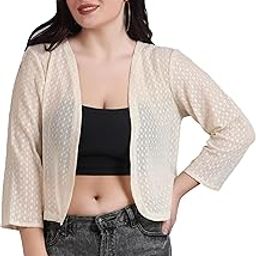 Women Self Design Cotton Lace 3/4th Sleeves Elastic Shrug | Front Open, No Closure | Beige Colour | Large-17