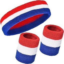 WILLBOND 3 Pieces Sweatbands Set, Includes Sports Headband and Wrist Sweatbands Cotton Striped Sweat Band for Athletic Men and Women (Red, White and Blue)-image-42