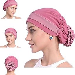 NHCDFA Chemo Caps for Women, Hijab Caps for Women Cotton Stretchy Turban Cap for Flower Headwear Head Wrap Ladies Skull Cap for Cancer Beanie Hat Head Covering Pink-image-45